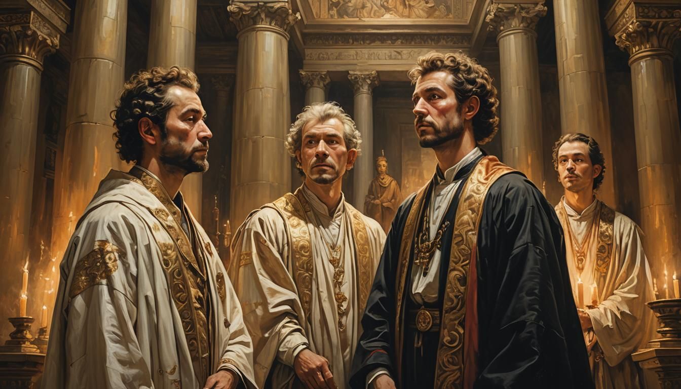 Neoclassical Group Portrait in Temple, Rembrandt-Inspired