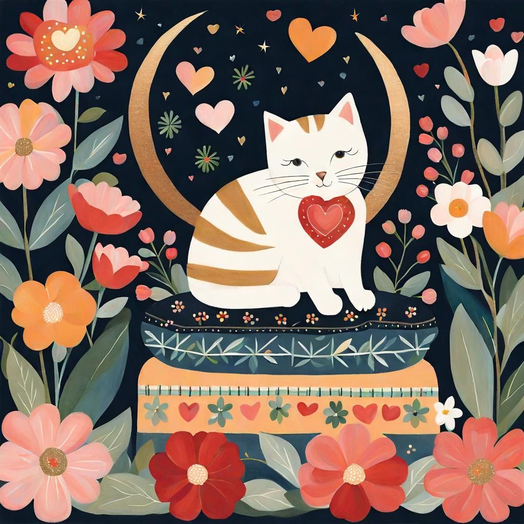 Cute Cat with Flowers in Folk Art Style
