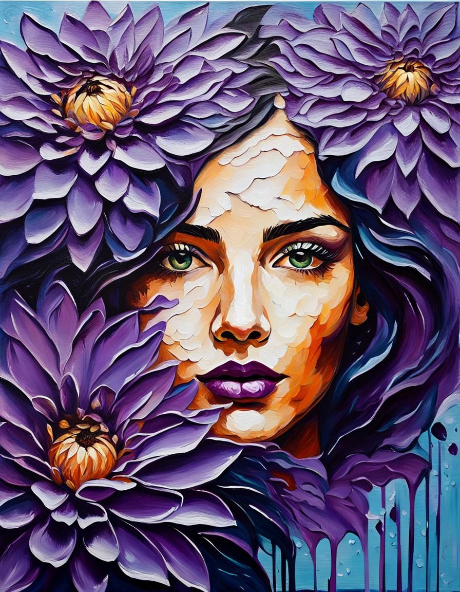 Blooming Woman: Acrylic Impasto Dahlia Portrait