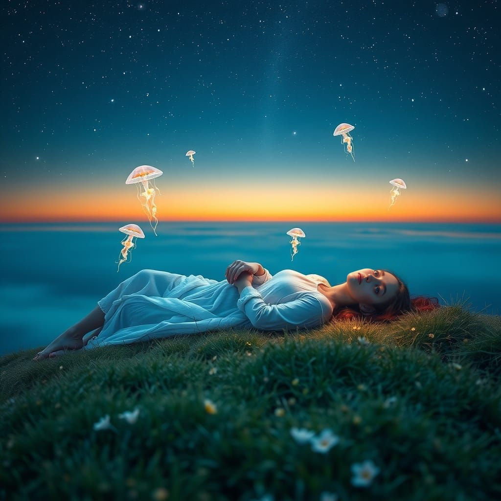 Serene Dreamer Blends into Starry Landscape
