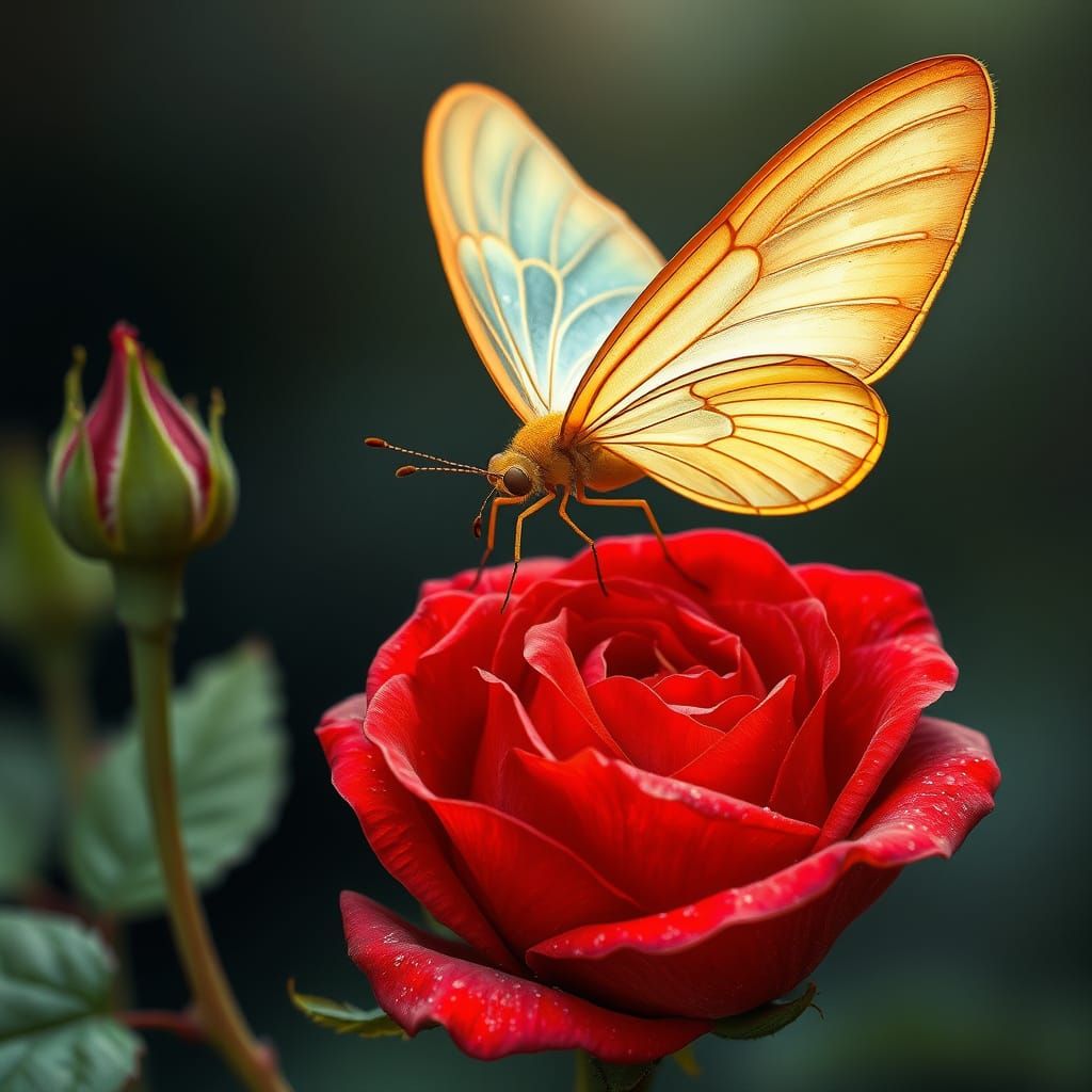 Delicate Zitronen Schetterling on Vibrant Crimson Rose