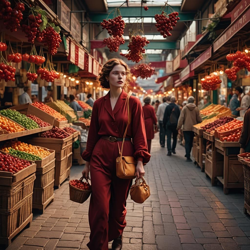 Cherry Lady in Vibrant Market: Hyper-Realistic Photography