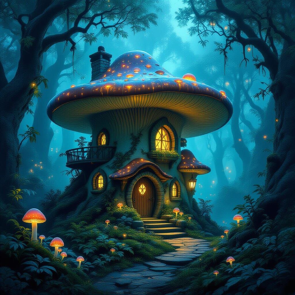 Majestic Mushroom House in Bioluminescent Forest