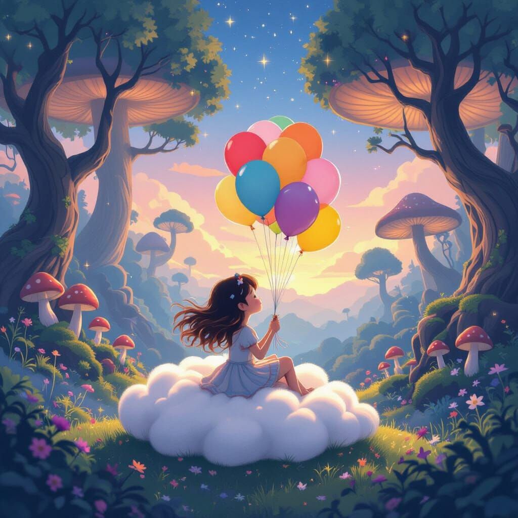 Girl on Cloud with Balloons in Enchanted Forest