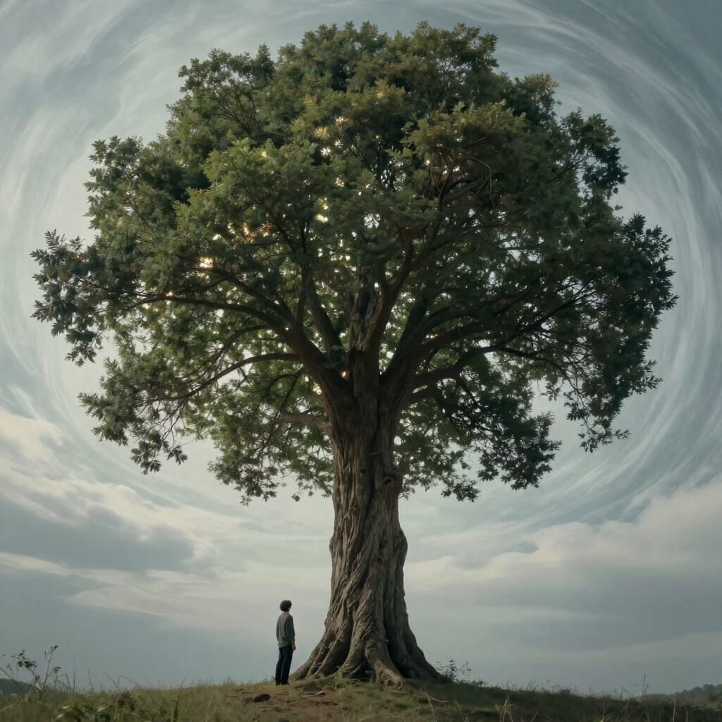 Giant Tree Pierces Dreamlike Sky With Contemplative Figure