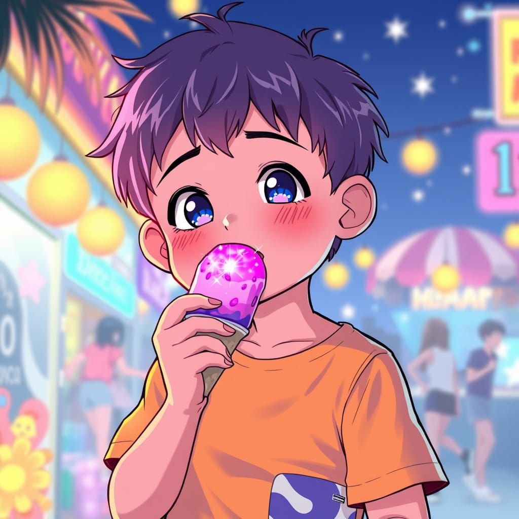 Boy Licking Glowing Ice Cream in Manga Style