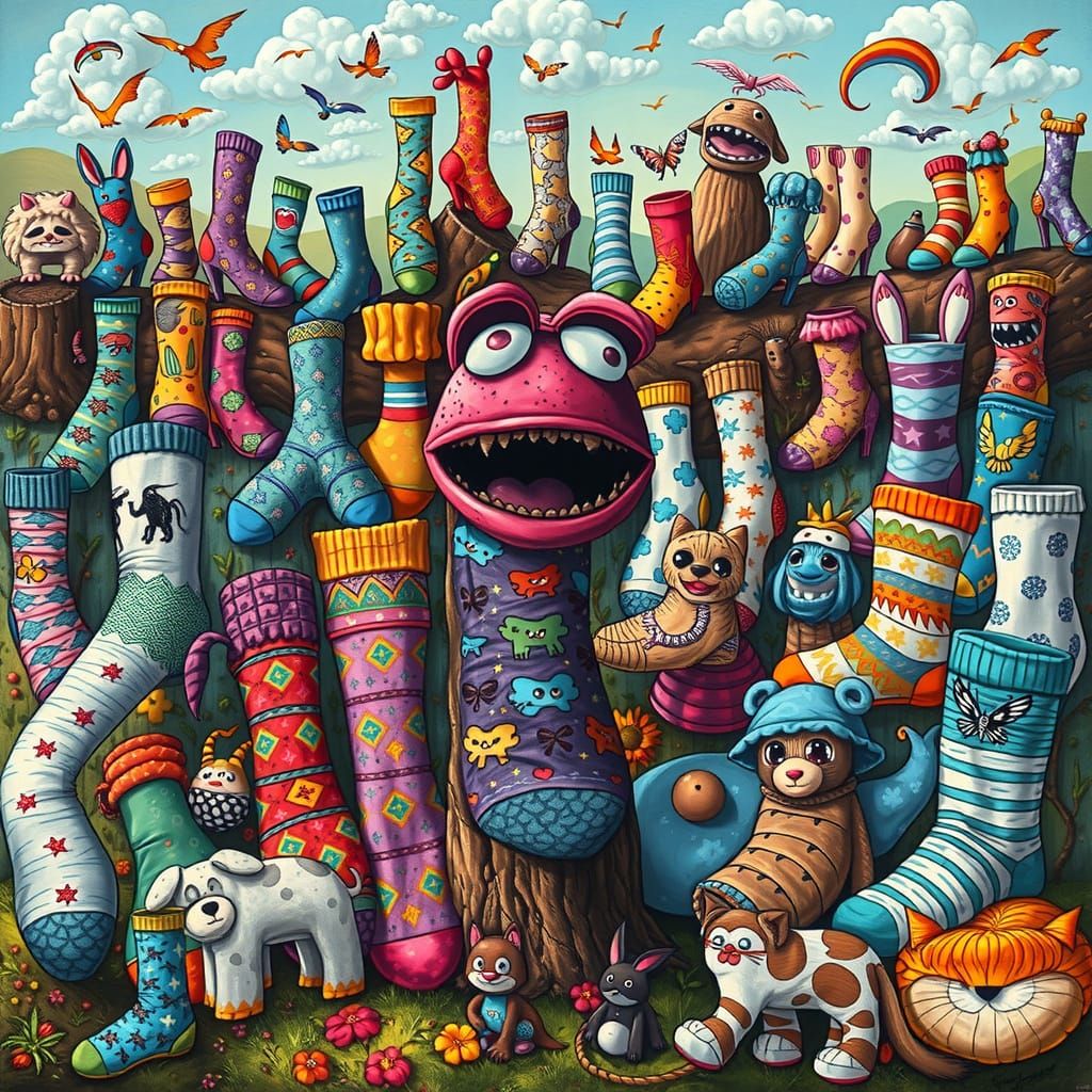 Whimsical Sock Landscape with Sock Monster, Colorful Illustr...