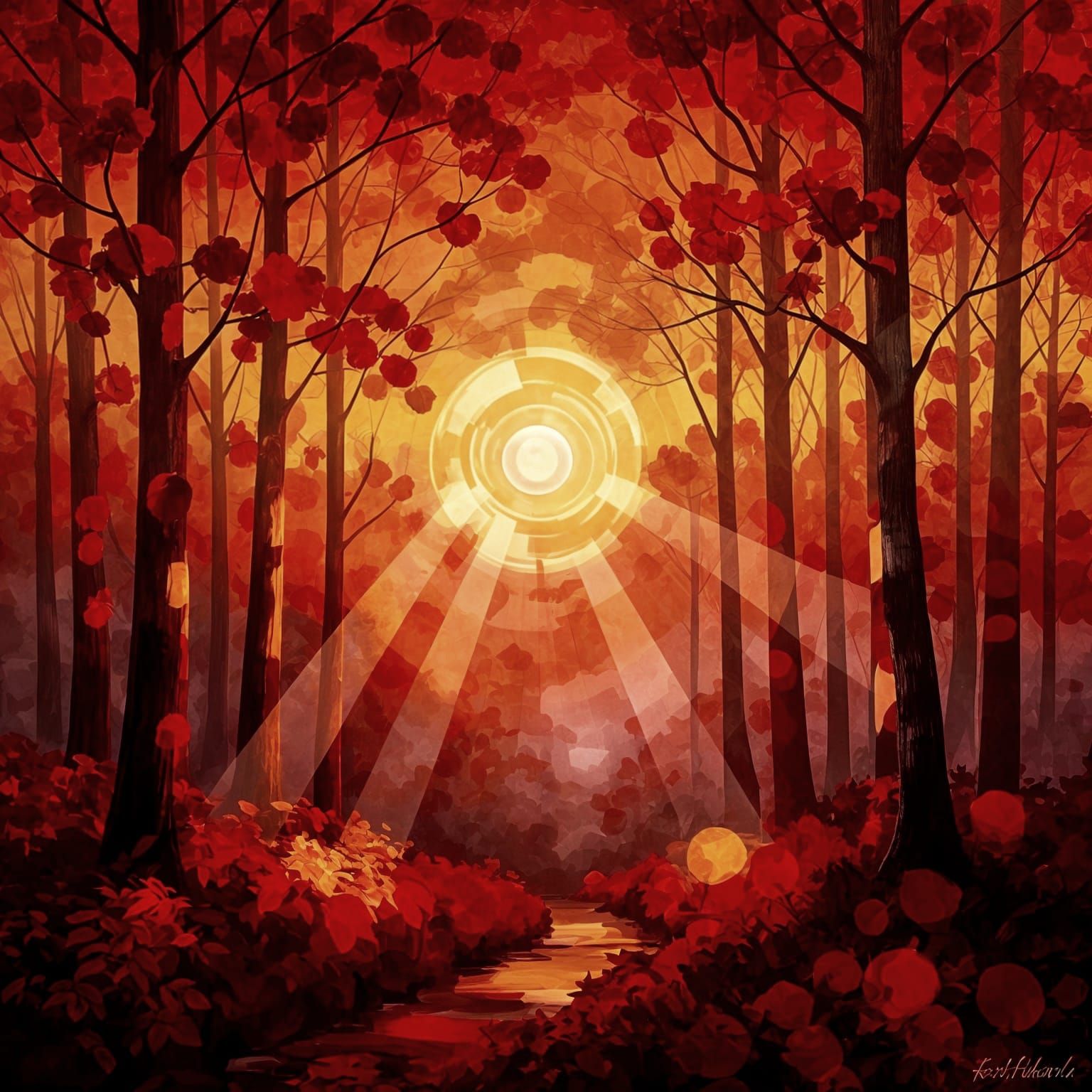 Ethereal Red Orange Sunset Over Surreal Forest