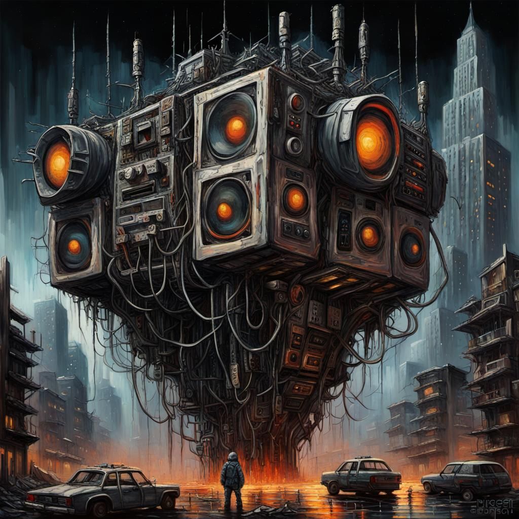 Dystopian Cityscape with Radio Speaker, Impasto Painting