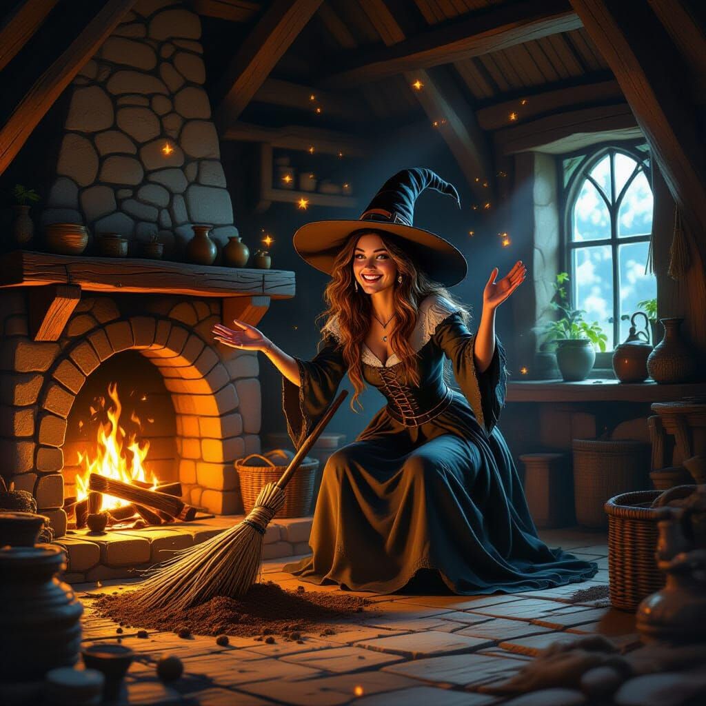 Witch Magically Cleans Rustic Hut in Painterly Fantasy Style