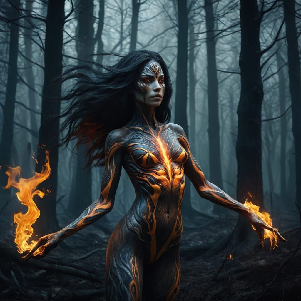 a woman with black long hairs demoniak fire in her
