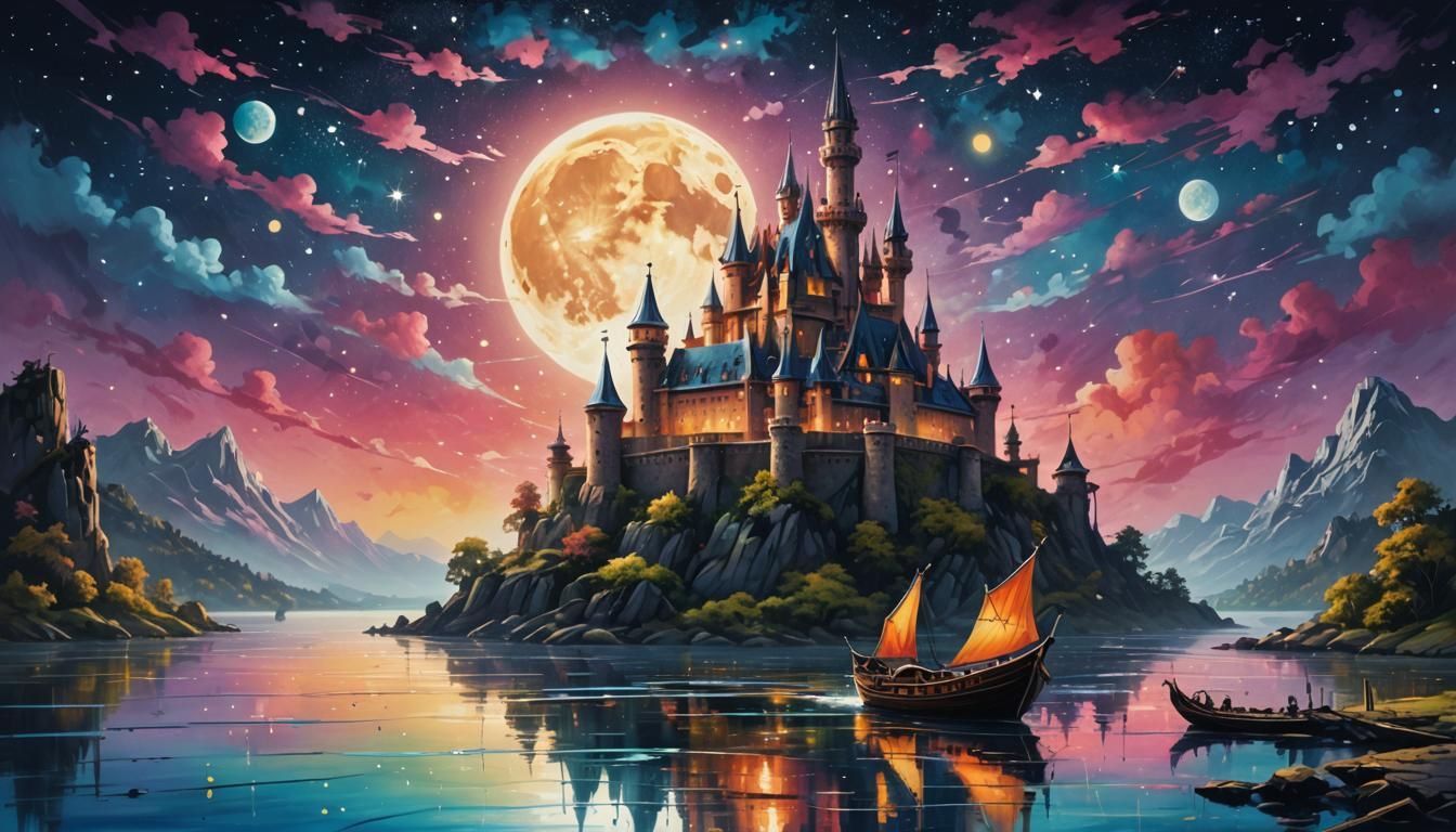 Fantasy Castle Boat Sails Under Starry Moon