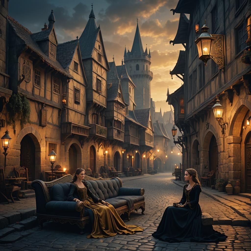 Medieval Woman on Sofa: Gothic Revival Digital Art