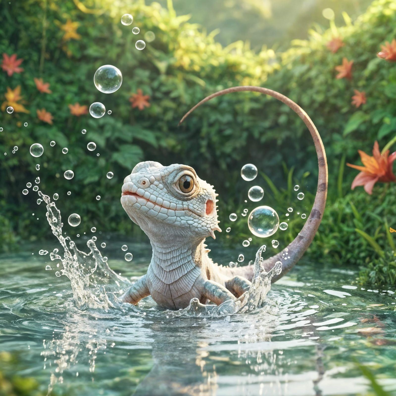 Cute Water Dragon Baby Splashing in Jungle Puddle