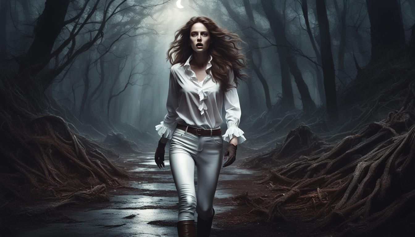 Woman Fleeing Ghost in Dark Forest, Hyperrealistic Art