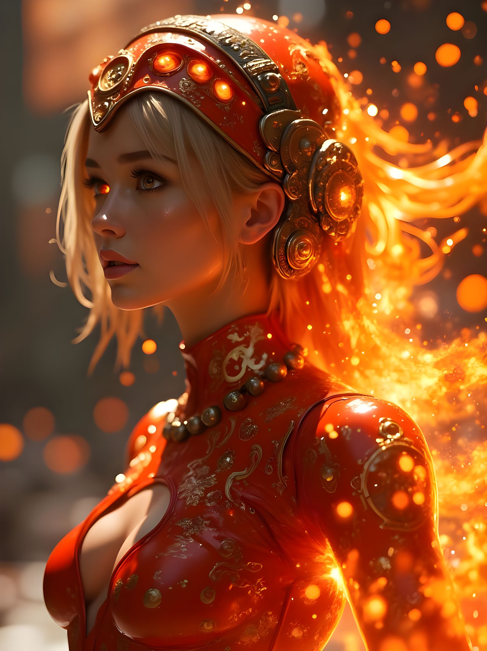 Elegant Goddess of Fire Embodies Neo-Cyberpunk Elegance