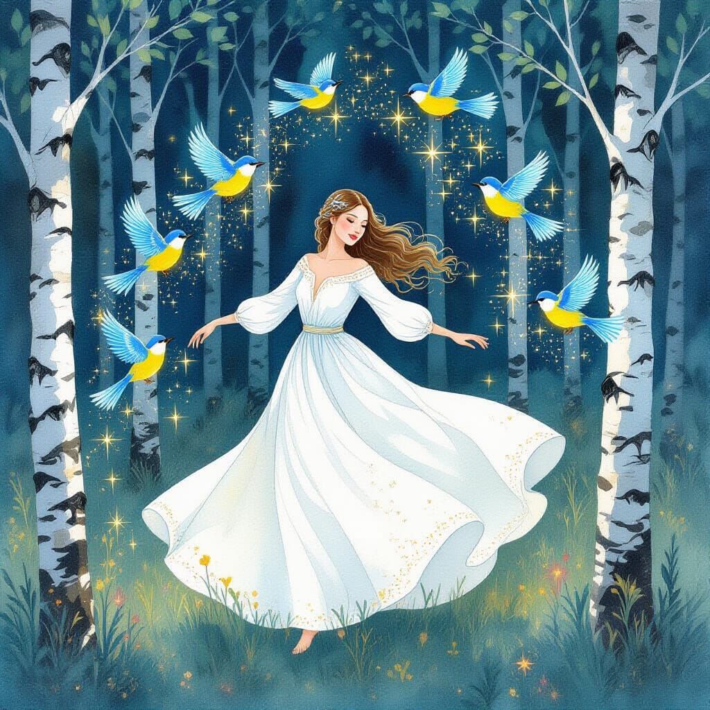 Dancing Figure Surrounded by Bioluminescent Birds, Watercolo...