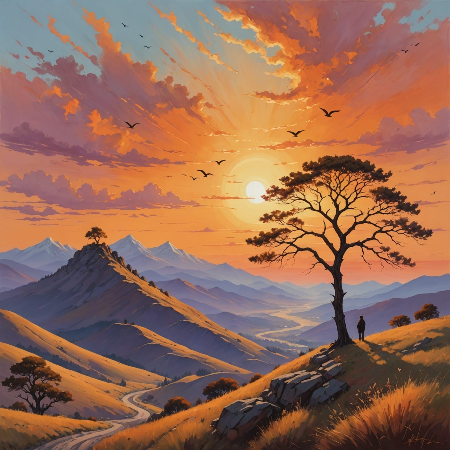 Classical Oil Painting of Serene Landscape with Sunset and L...