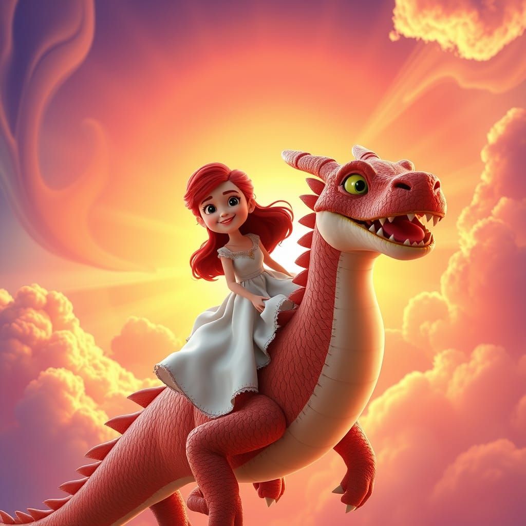 Girl on Dragon Soaring Through Sunset Sky