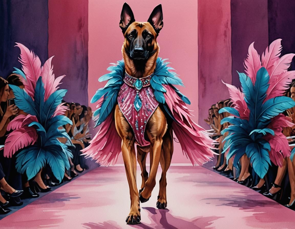 Malinois Dog in Pink Dress: Surreal Runway Fashion