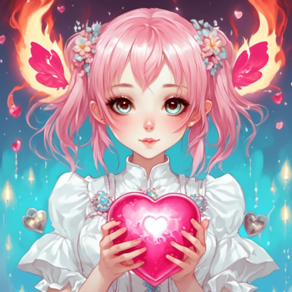 Kawaii Anime Girl Holding Glowing Heart