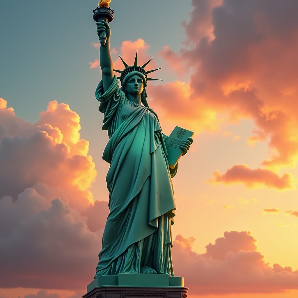 Jade Statue of Liberty Against Dramatic Sky