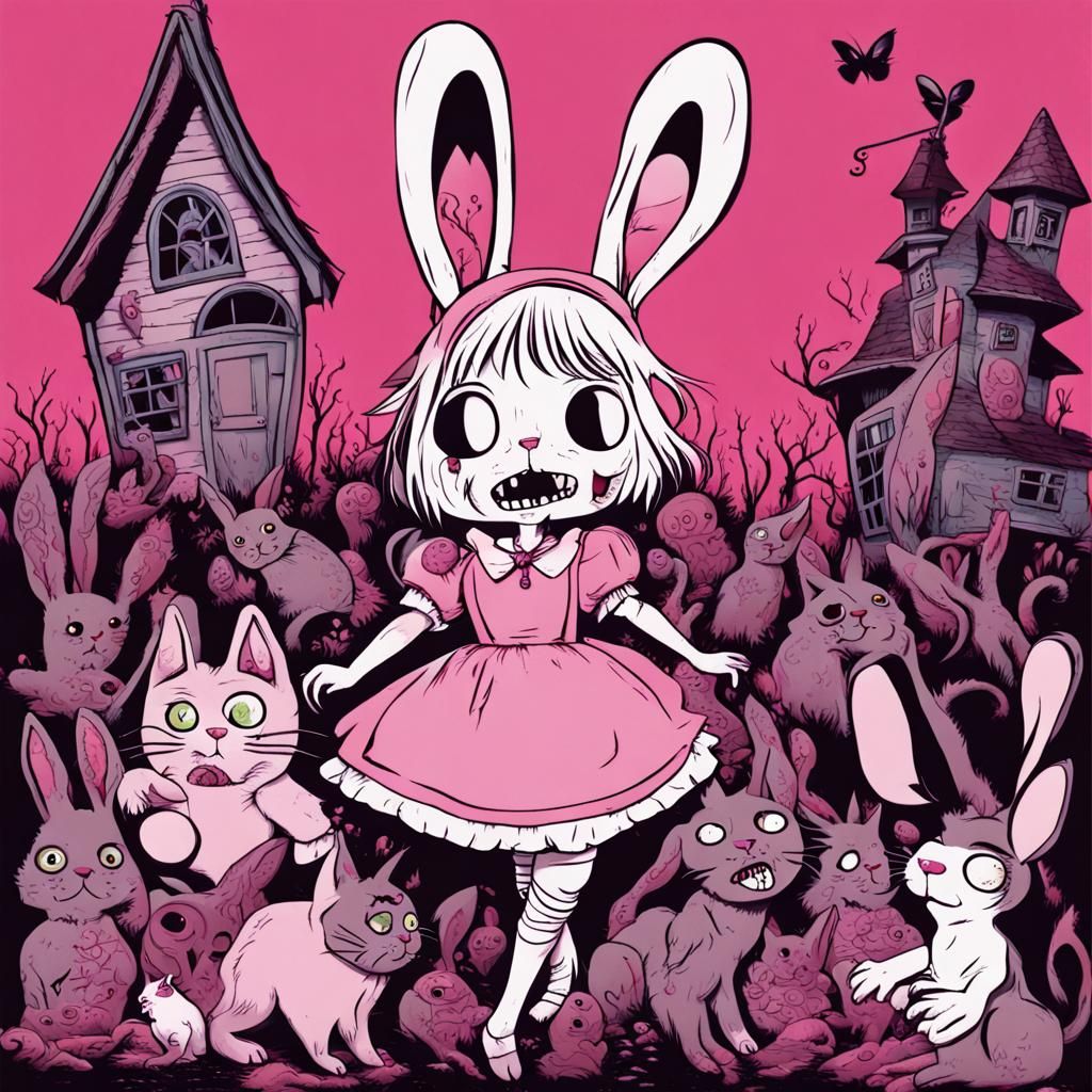 Zombie Pink Rabbit in Horror Land with Terrified Cat