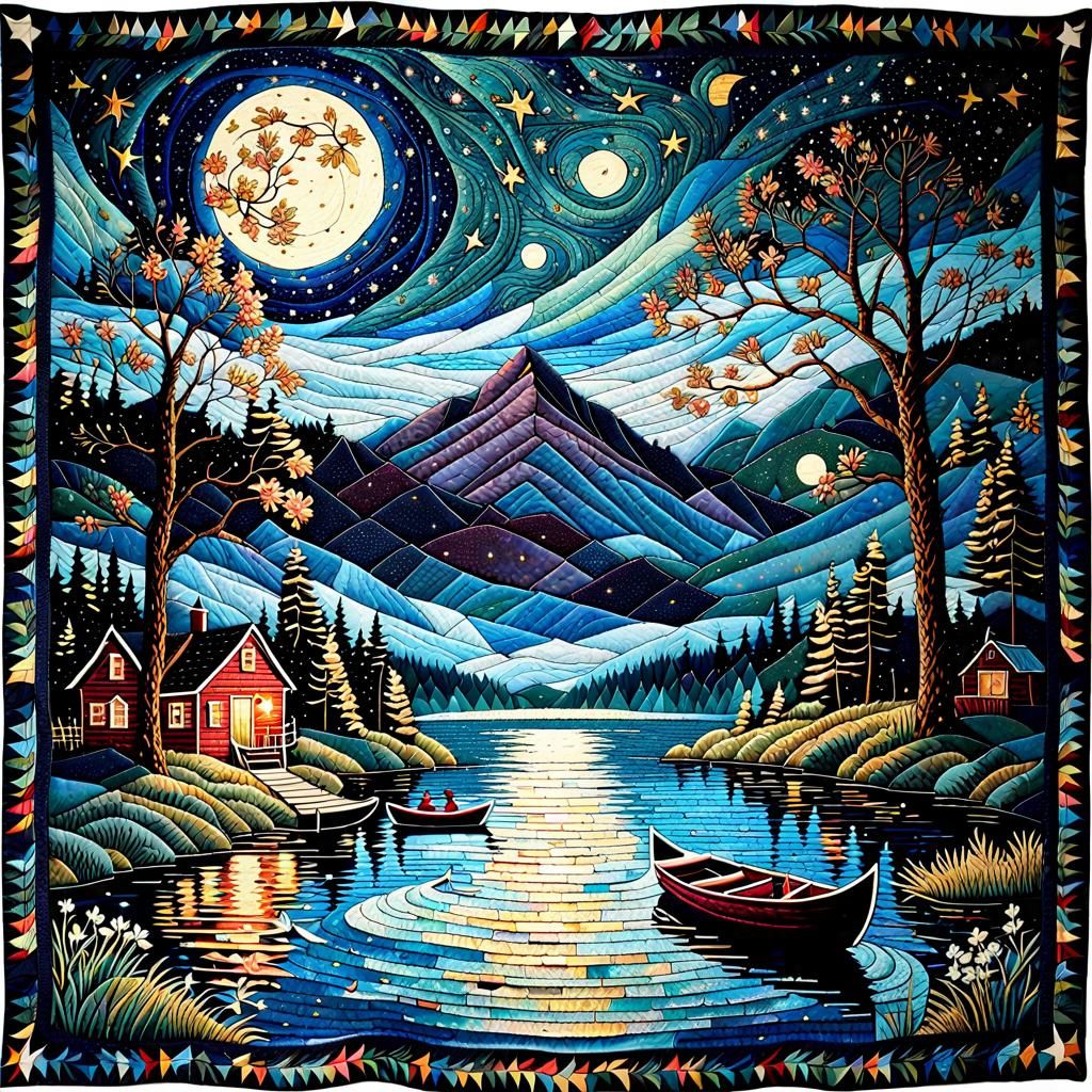 Fantasy Lake Quilt Tapestry in Detailed Mosaic Style