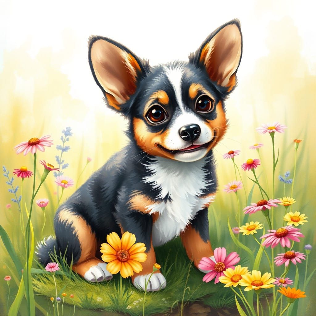 Whimsical Cattle Dog Puppy in a Sunlit Meadow