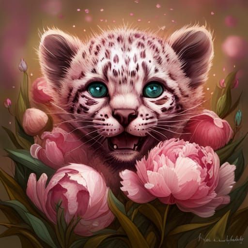 Playful Leopard Cub with Peonies, Hyperrealistic Digital Art