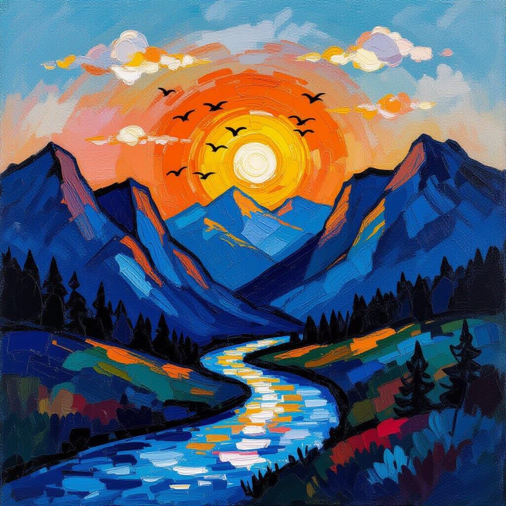 Oil Pastel Mountain Cove with Winding River and Orange Sun