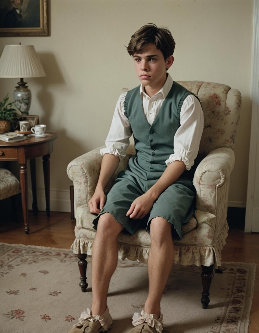 Sad Boy in Frilly Dress, Cinematic Still