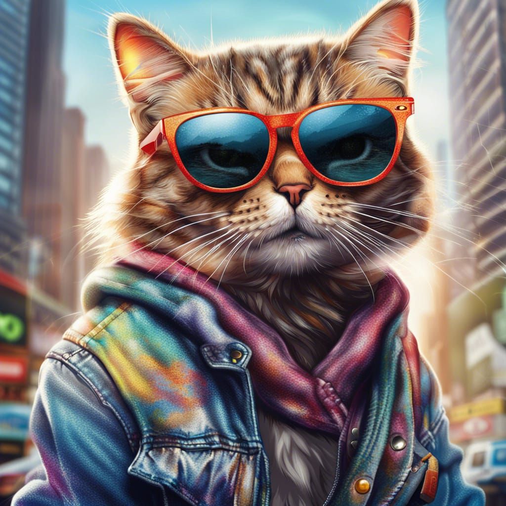 Hipster Cat in Cityscape: Hyperrealistic Digital Art