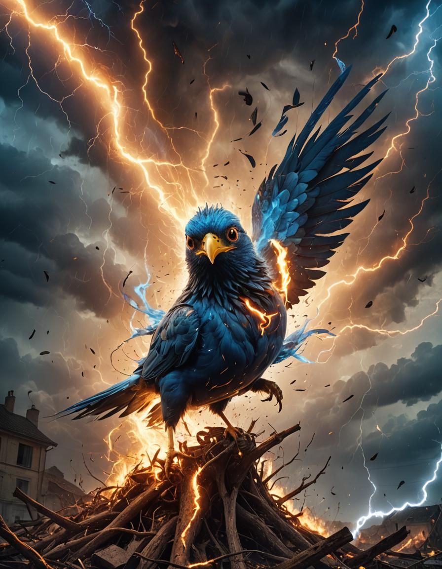 Surreal Duolingo Bird in Fiery Tornado Storm