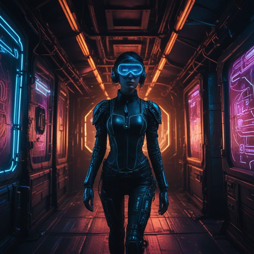 Cyberpunk Lady in Steampunk Spaceship Corridor