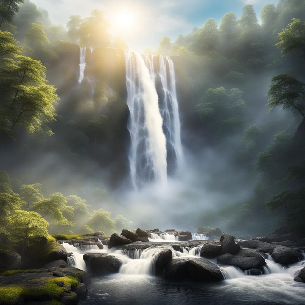 Majestic Waterfall Flowing Through Mist and Sunlight