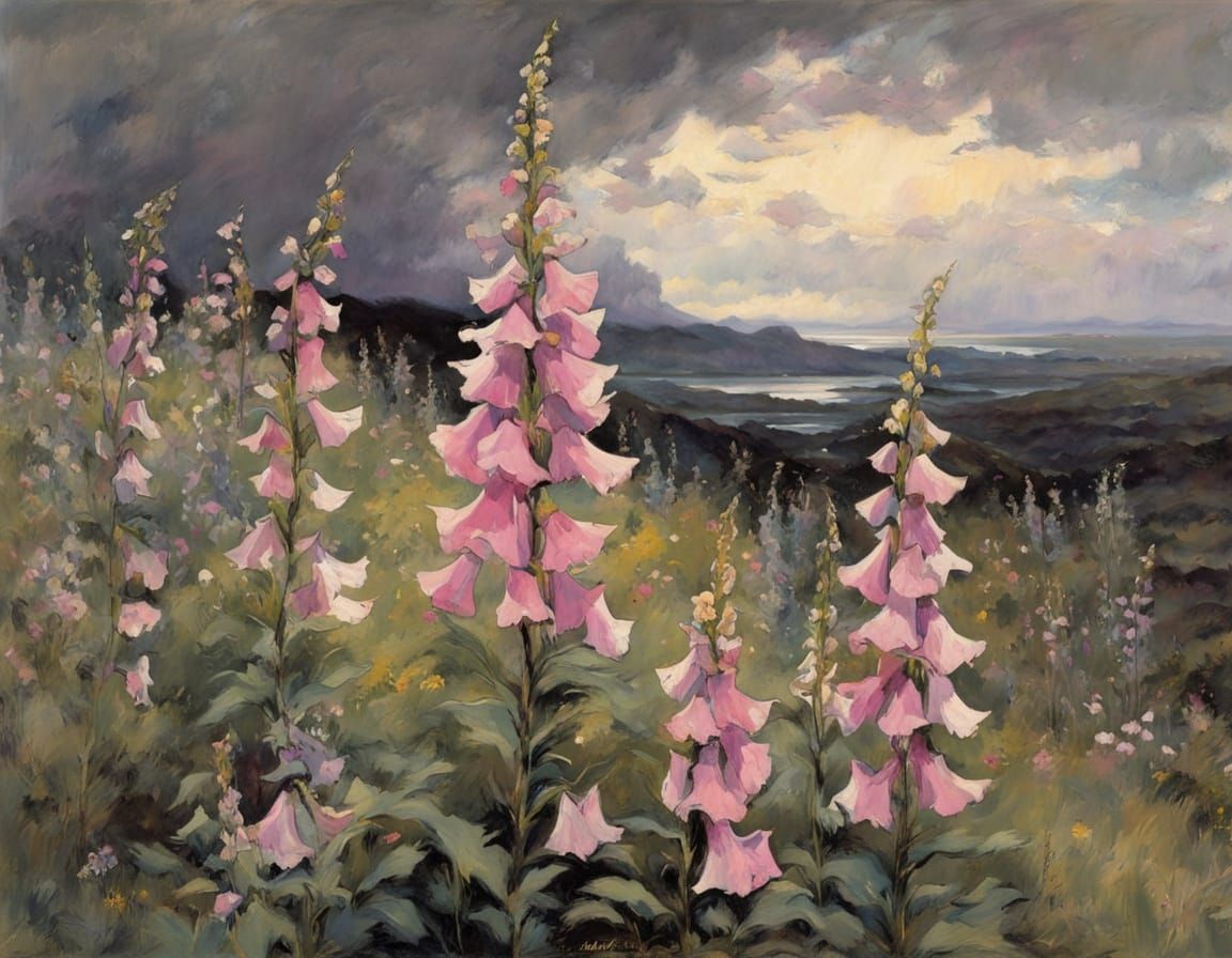Wildflowers with Moody Sky, in Pre-Raphaelite Style
