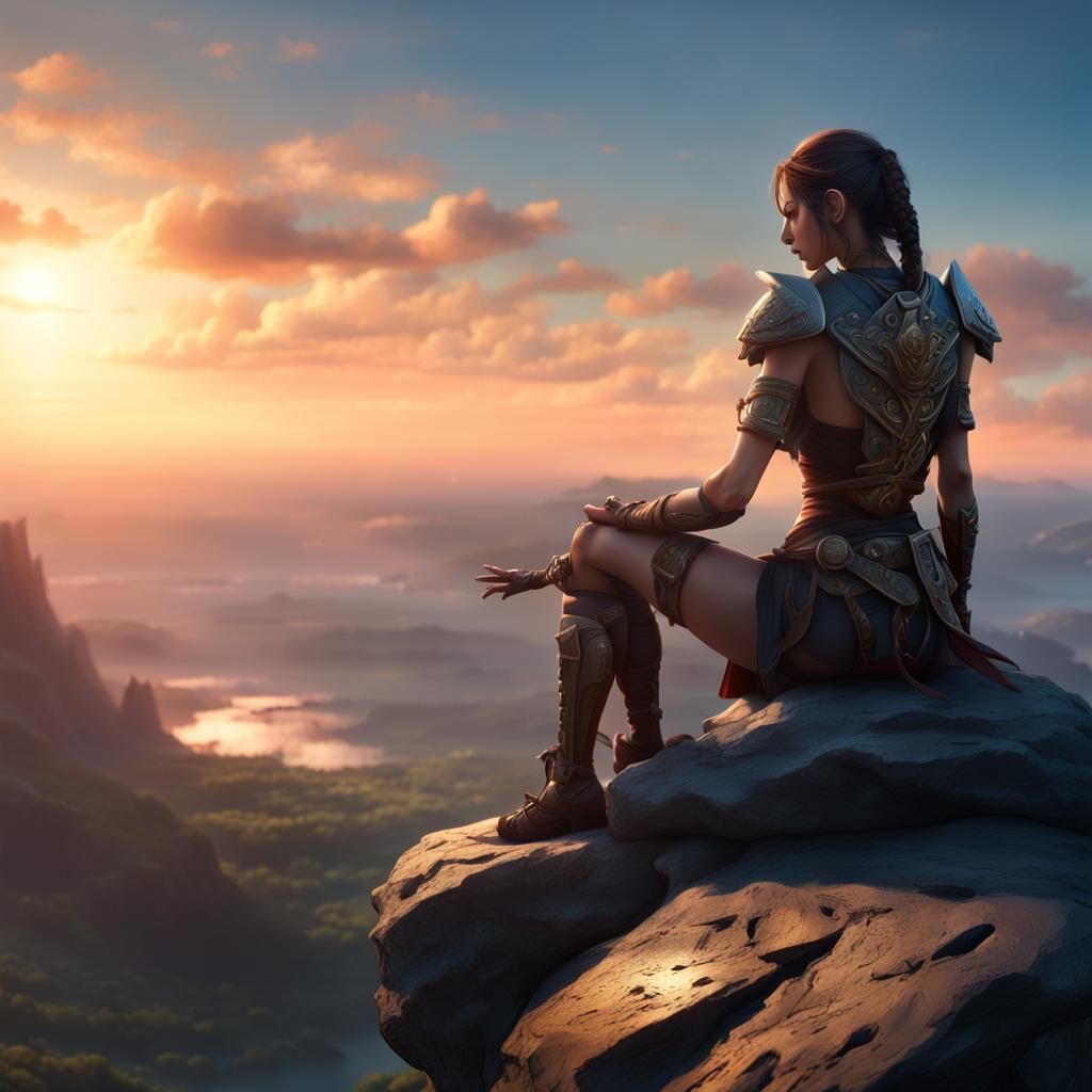 Female Warrior Watching Sunrise in Anime Style