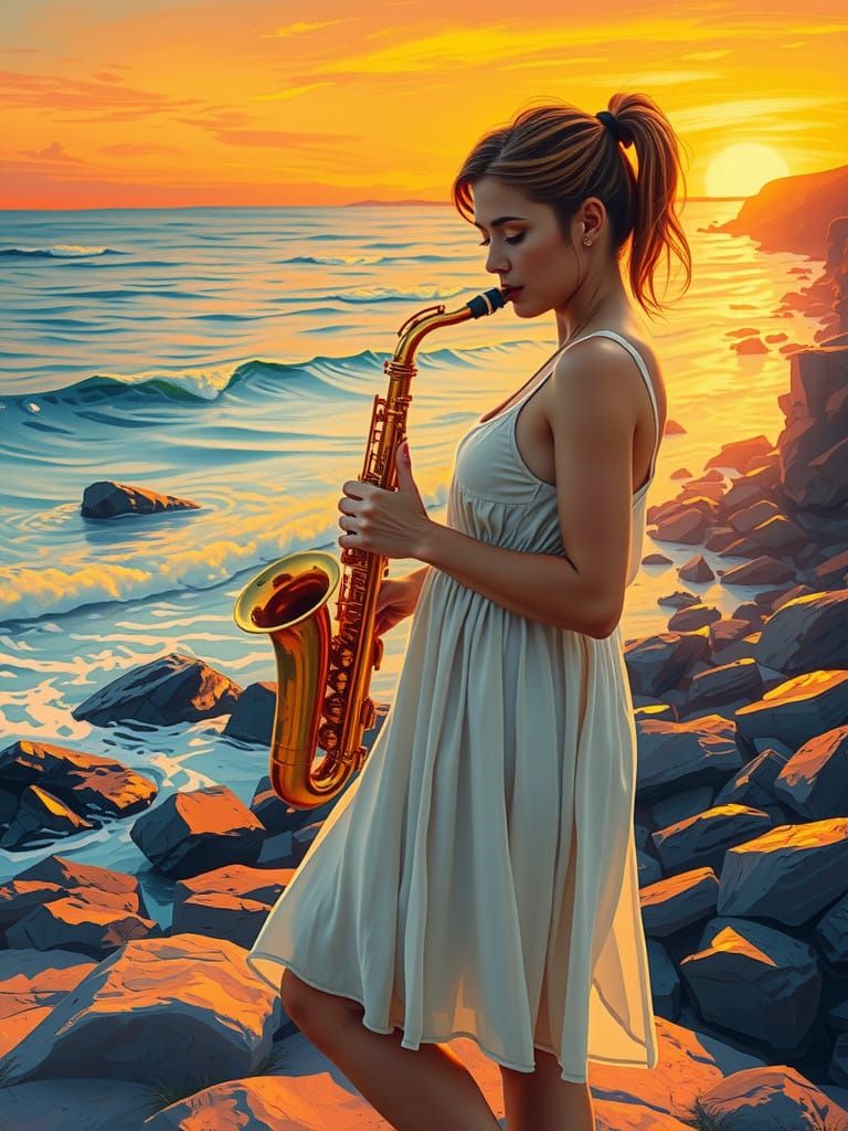 Whimsical Sunset Saxophone Scene in Vibrant Colors