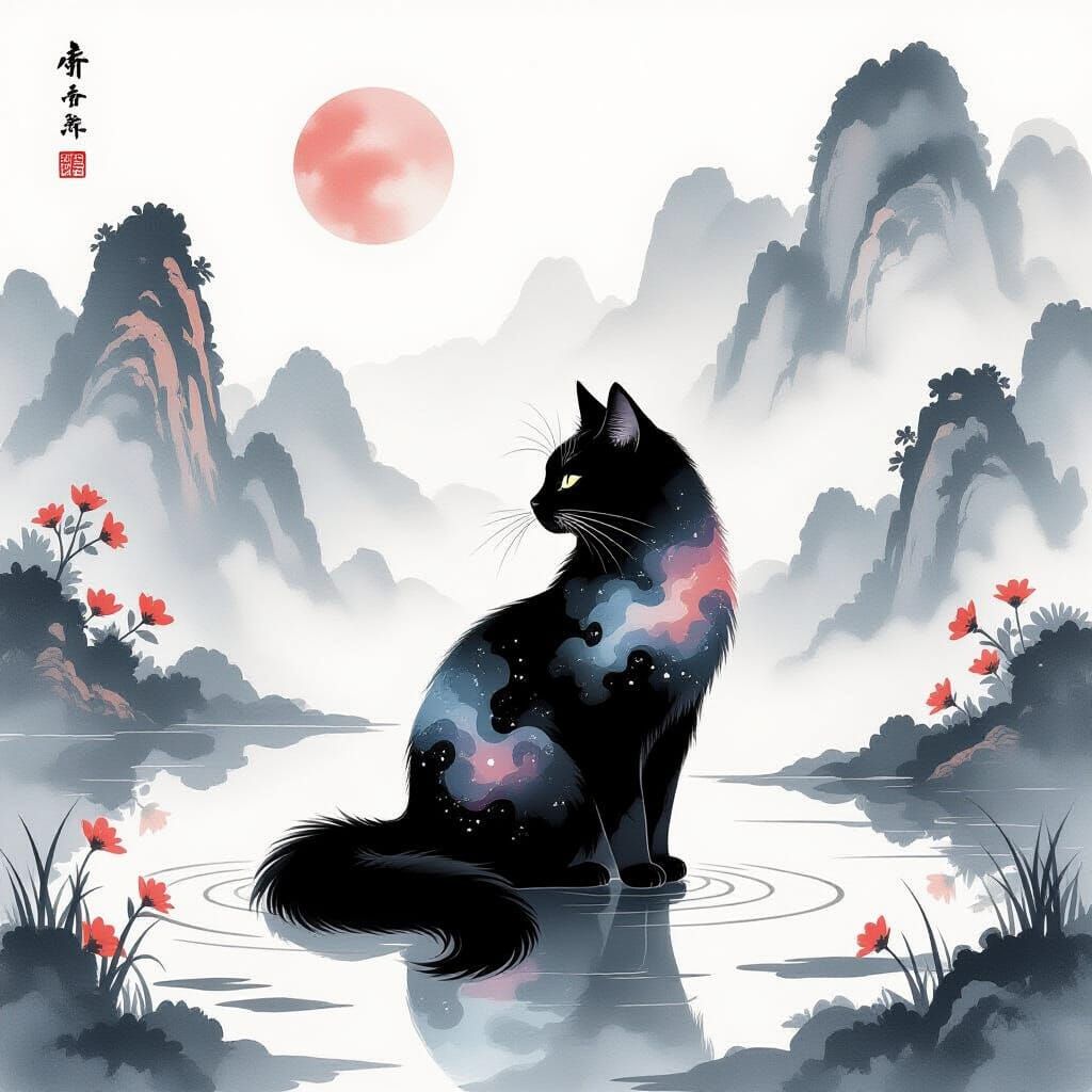 Black Cat Ink Nebula in Chinese Watercolor Style