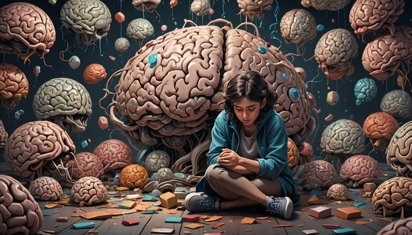 Brain Artwork: Woman and Crying Cartoon Brain