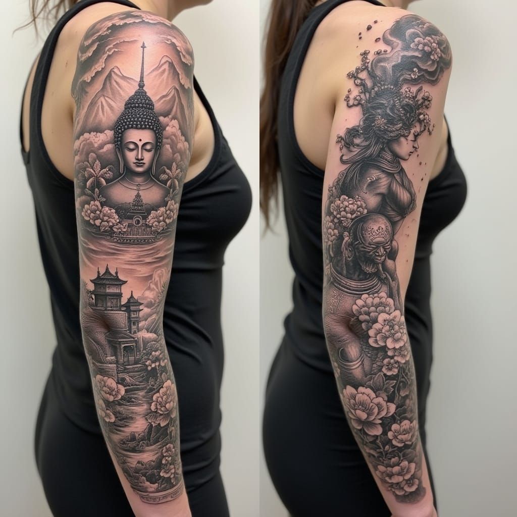 Ancient Wisdom Unfolds in Elegant Black and White Tattoo Art