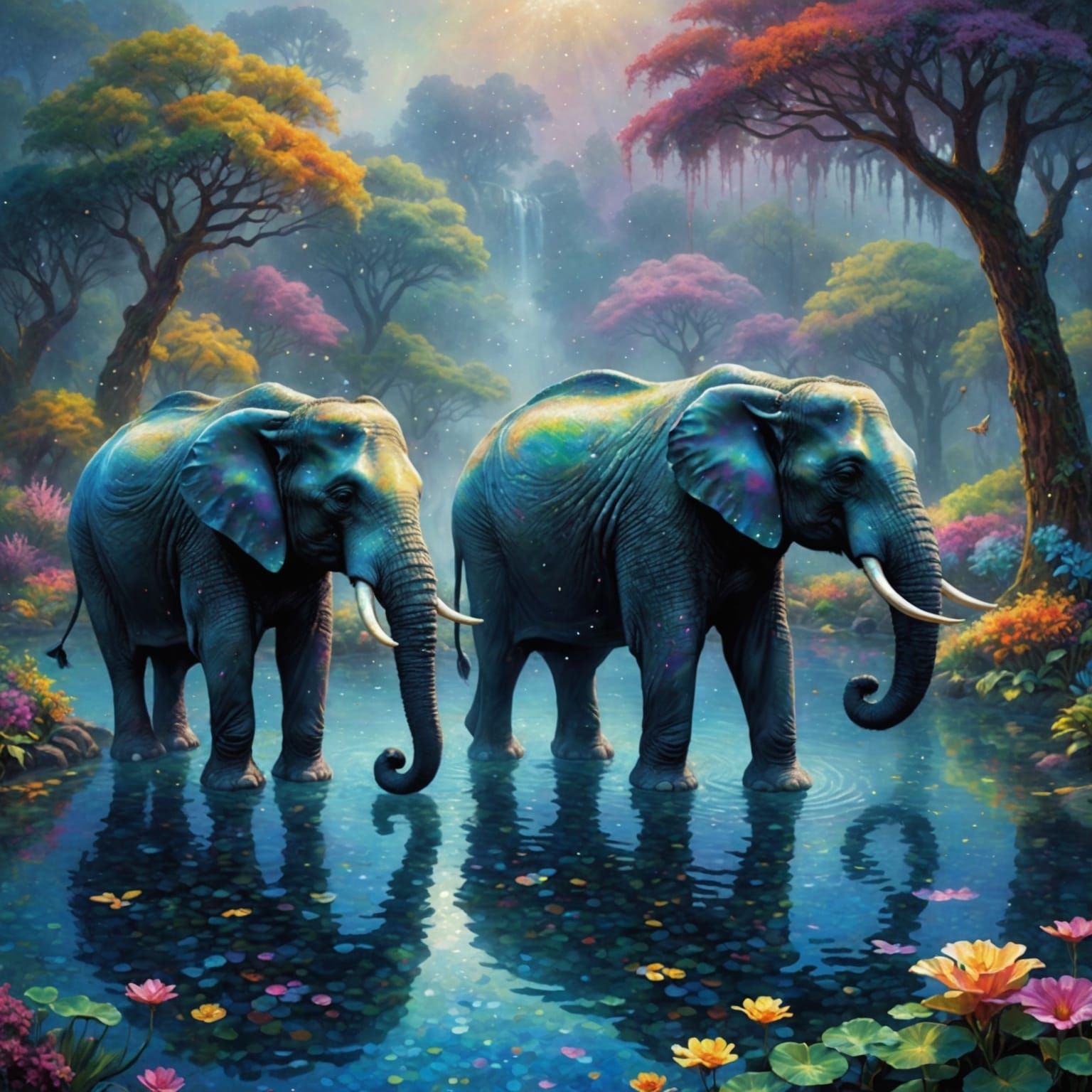 Iridescent Elephants in Pointillist Style