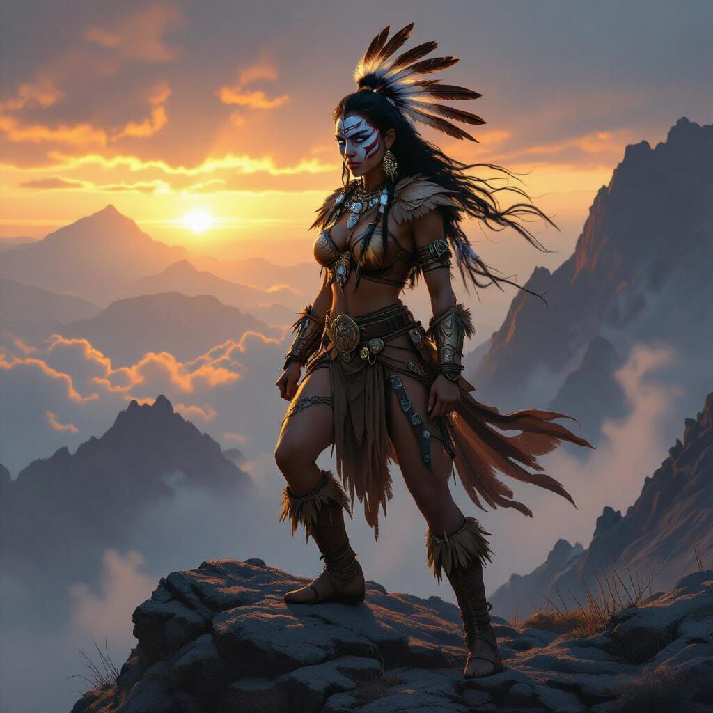Tribal Warrior Woman on Mountain Peak at Dawn