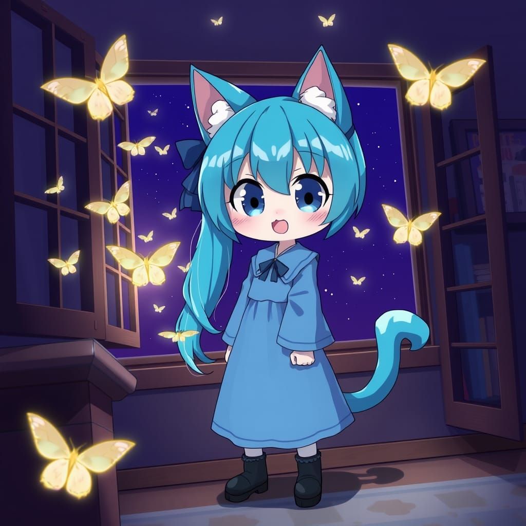 Adorable Anime Catgirl Watches Moths Under the Starry Night ...