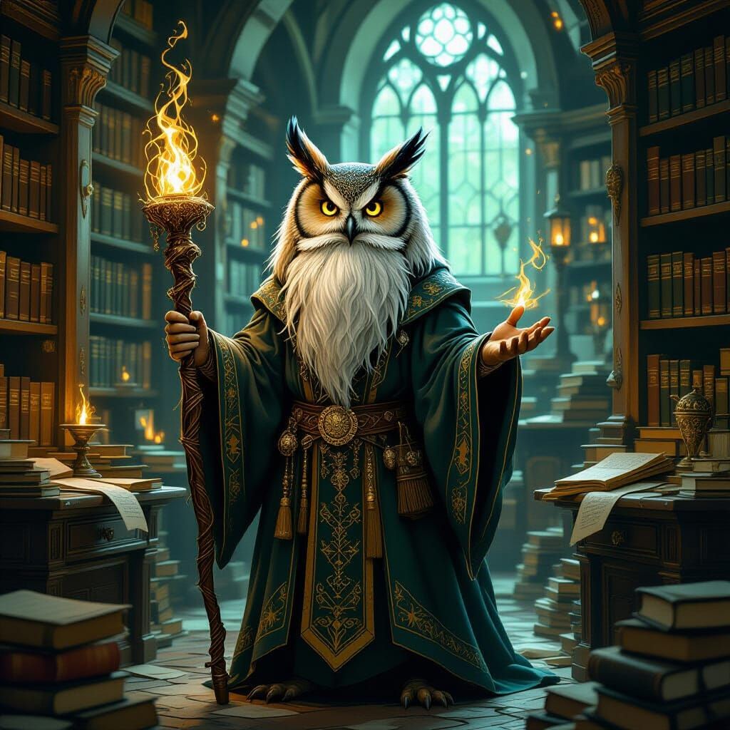 Wise Owl Sage in Arcane Library, Fantasy Illustration