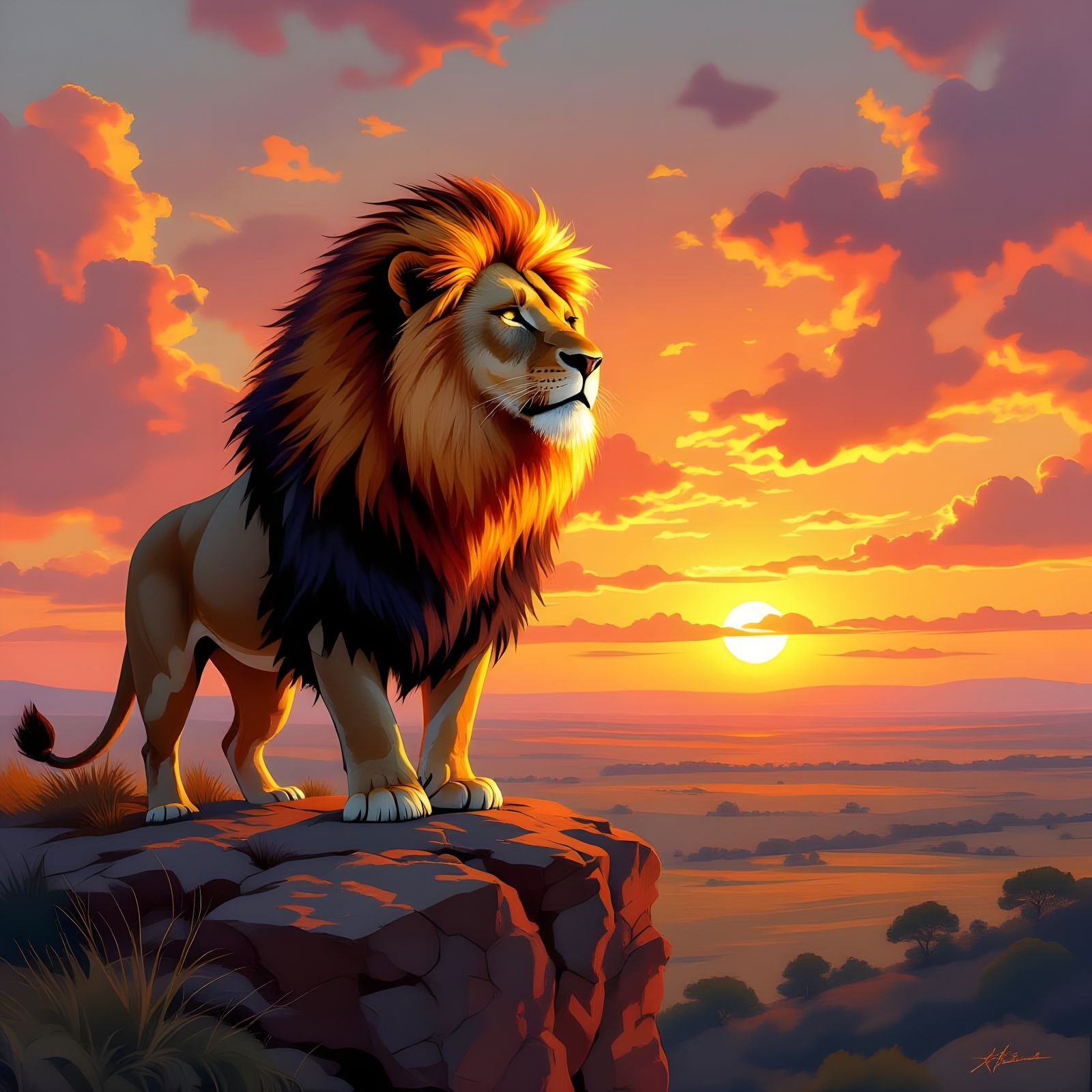 Lion with Flaming Mane Overlooking Savanna, Art Nouveau Styl...