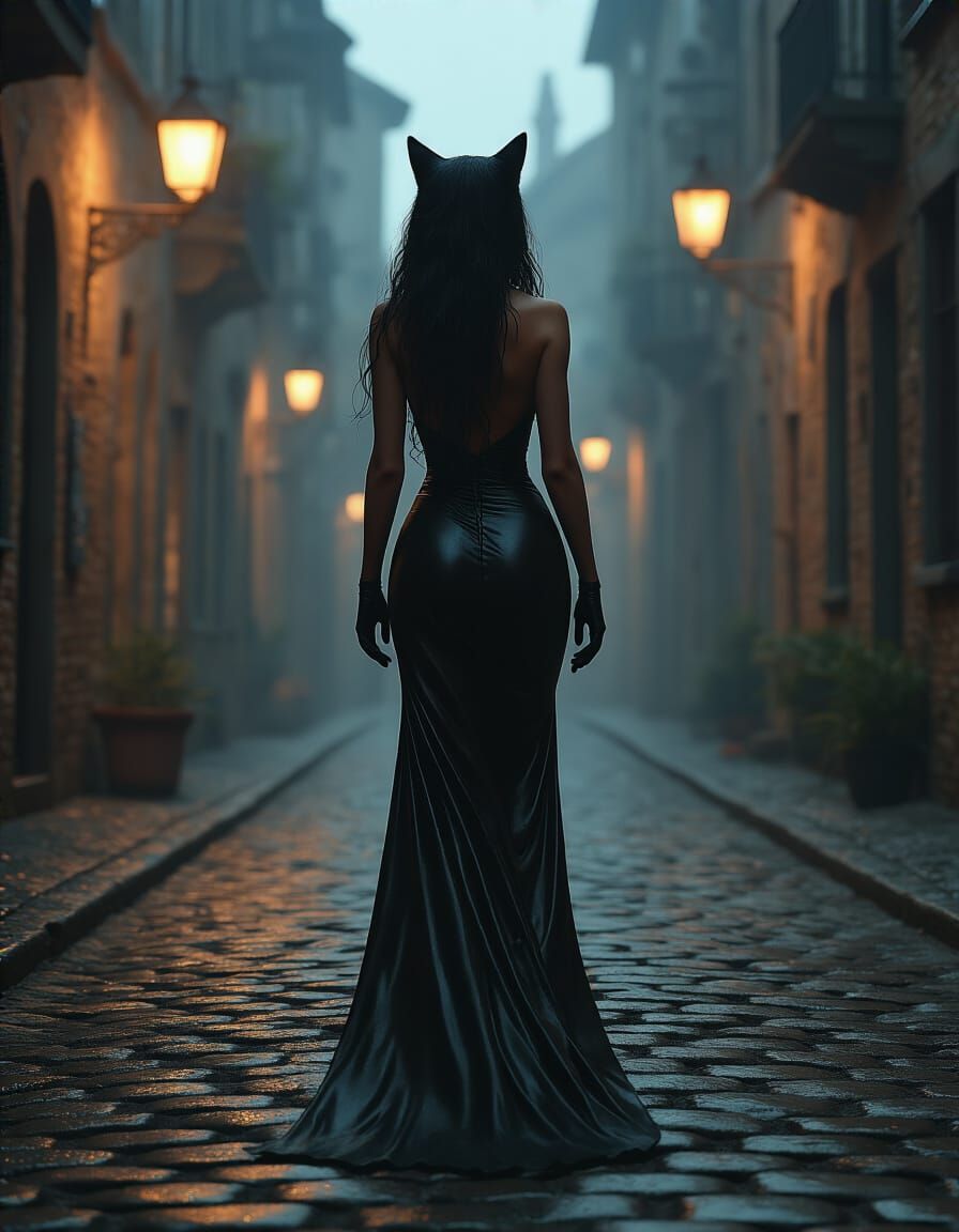 Sensual Cat Woman Walks Misty Cobblestone Street