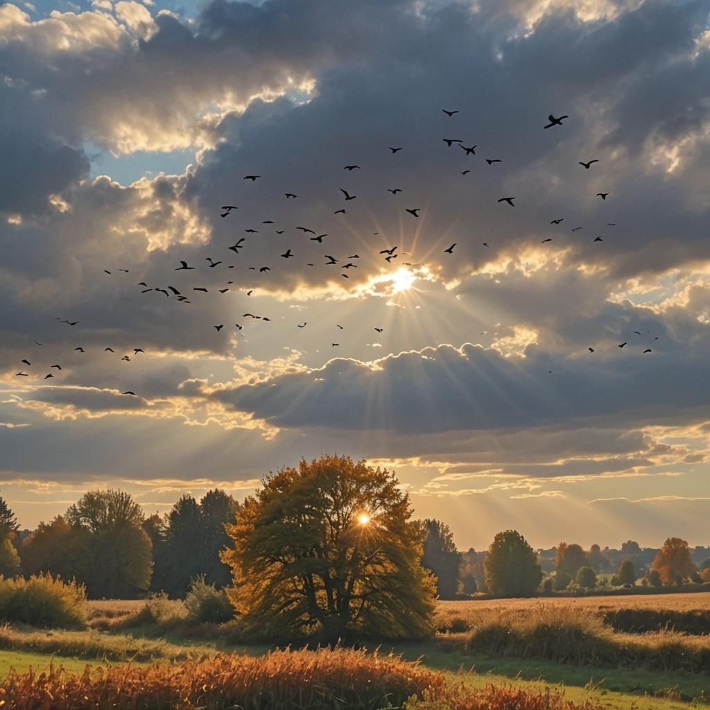 Autumn Sunset Landscape with Birds in Flight