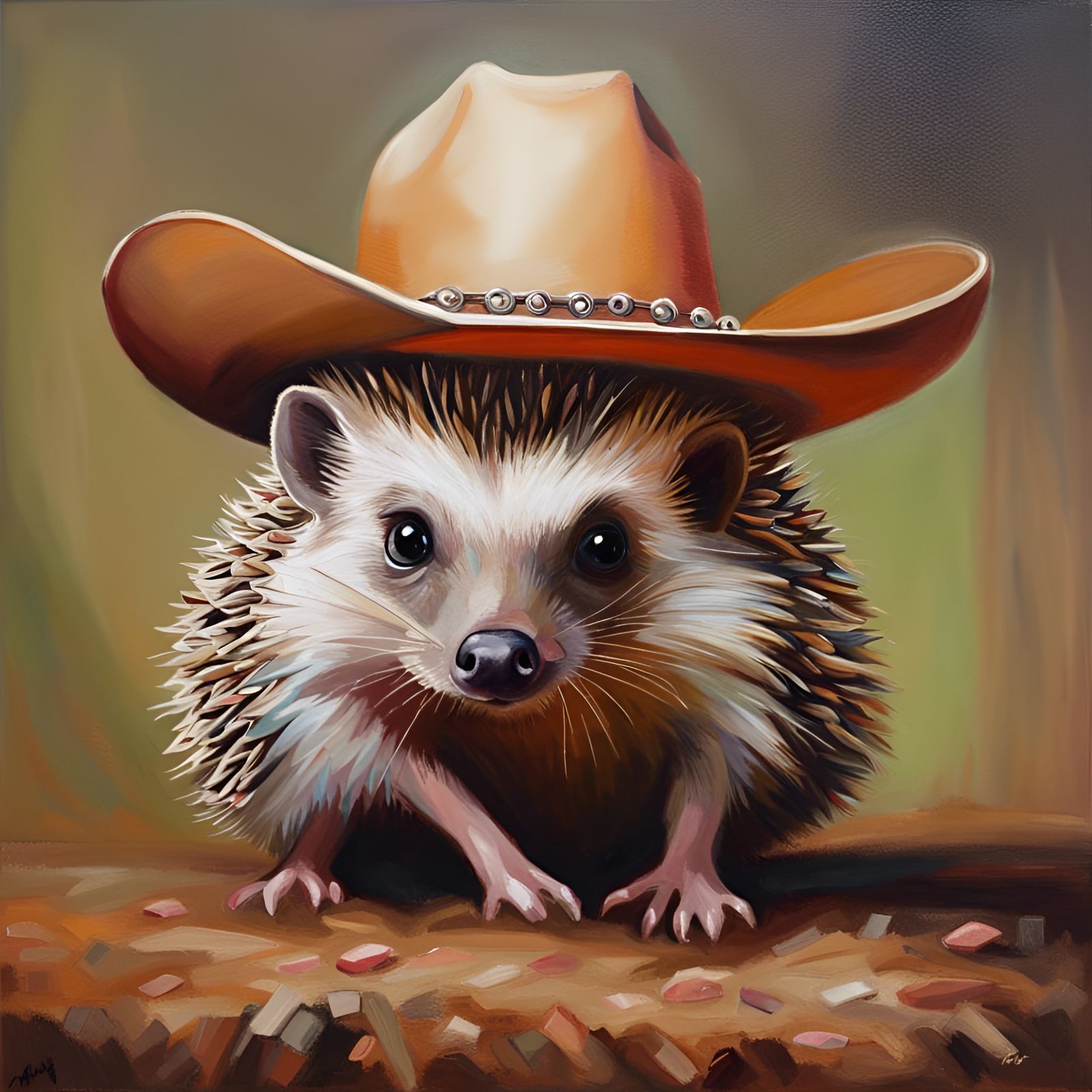 Colorful Realism: Hedgehog in Cowboy Hat Oil Painting